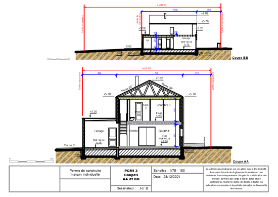 Habitation R+1 - Coupes sur construction et terrain